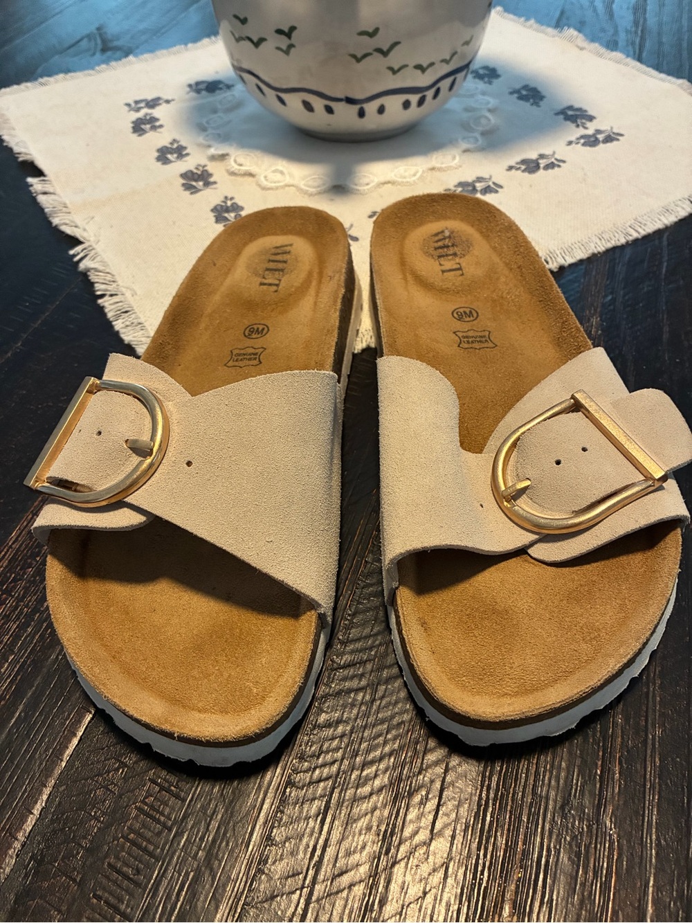 Wilt Beige Suede Slide Sandals with Gold Buckle
